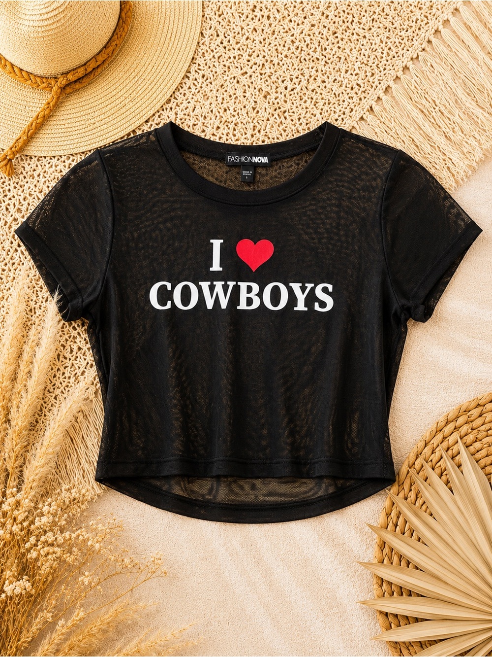 Fashion Nova Black 'I ♥ Cowboys' Graphic Mesh Crop Top